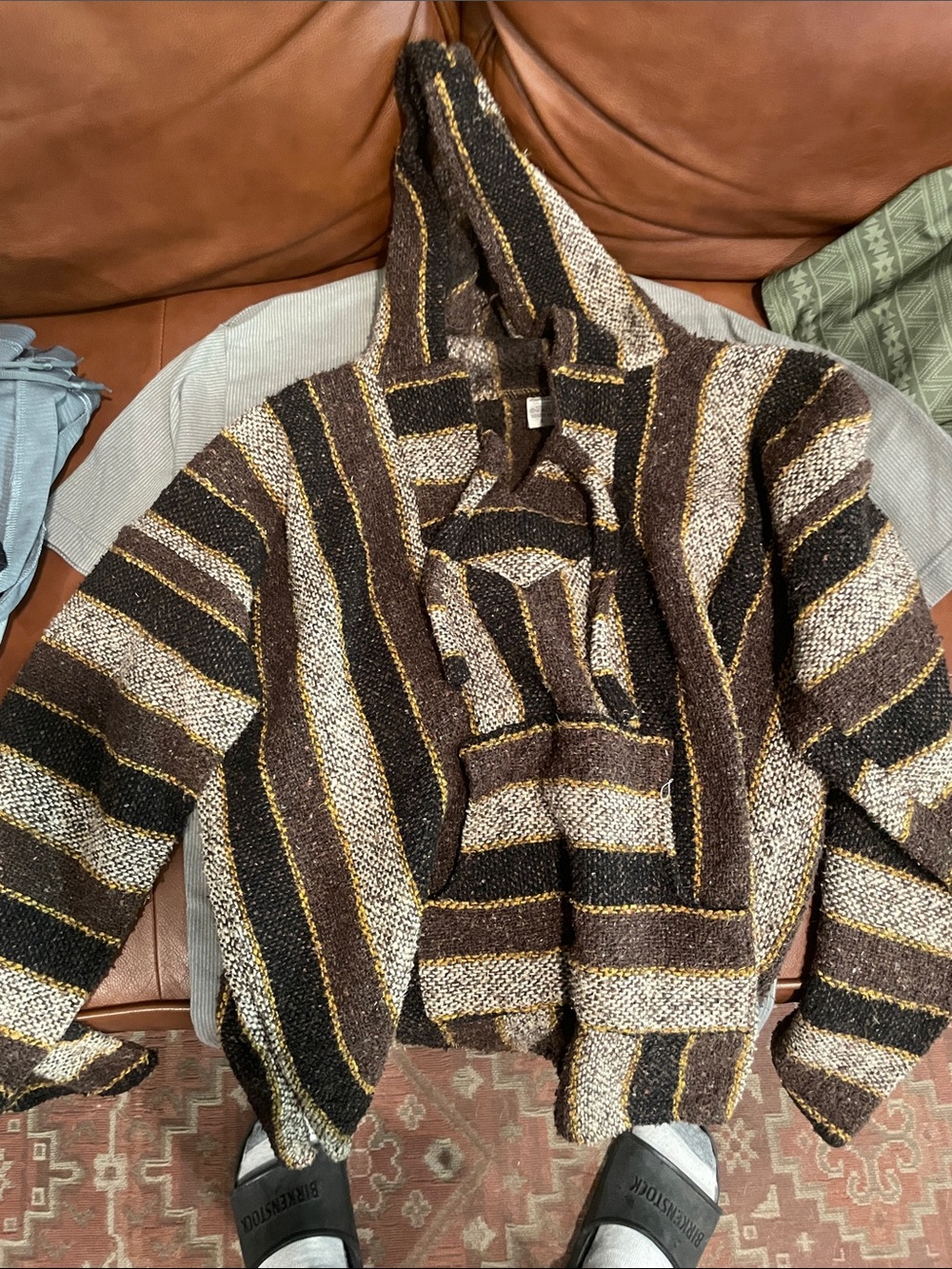 Men's Striped Hooded Baja Sweater Jacket - Brown & Black